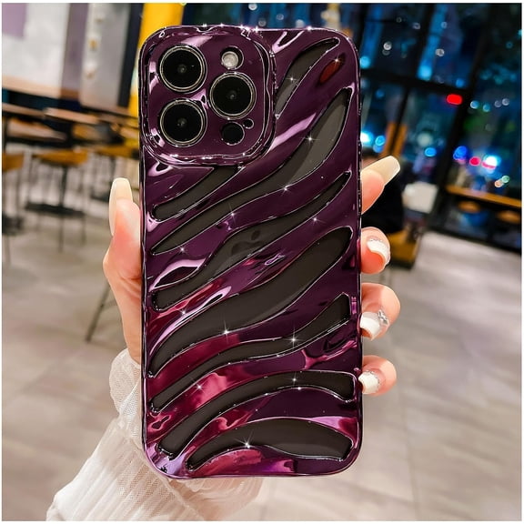iPhone 14 Pro Max Phone Case, Cool Plating Water Ripple Hollow Out Pattern Case for Women Girls Men, Fashion Plating Carved Wavy Soft TPU Protective Back Cover (Purple)