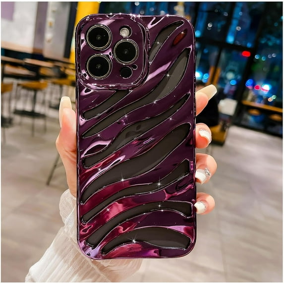 iPhone 14 Pro Max Phone Case, Cool Plating Water Ripple Hollow Out Pattern Case for Women Girls Men, Fashion Plating Carved Wavy Soft TPU Protective Back Cover (Purple)