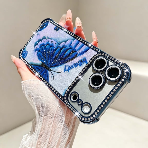 For iPhone 14 Pro Max Phone Case,Cute Luxury Bling Glitter Butterfly Print Back,Sparkly Shiny Diamond Back Frame Design,For Women Girls,Shockproof Non-Slip Anti-Scratch Phone Case,Blue