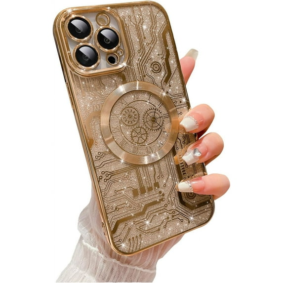 for iPhone 14 Pro Max Phone Case Glitter, Compatible with Magsafe Magnetic Cases, Transparent Luxurly Plated Sparkly Design, Soft Shockproof Camera Lens Protective Back Cover, Gold