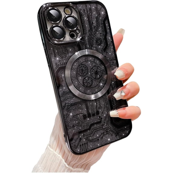 for iPhone 14 Pro Max Phone Case Glitter, Compatible with Magsafe Magnetic Cases, Transparent Luxurly Plated Sparkly Design, Soft Shockproof Camera Lens Protective Back Cover, Black