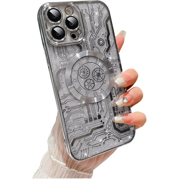 for iPhone 14 Pro Max Phone Case Glitter, Compatible with Magsafe Magnetic Cases, Transparent Luxurly Plated Sparkly Design, Soft Shockproof Camera Lens Protective Back Cover, Silver