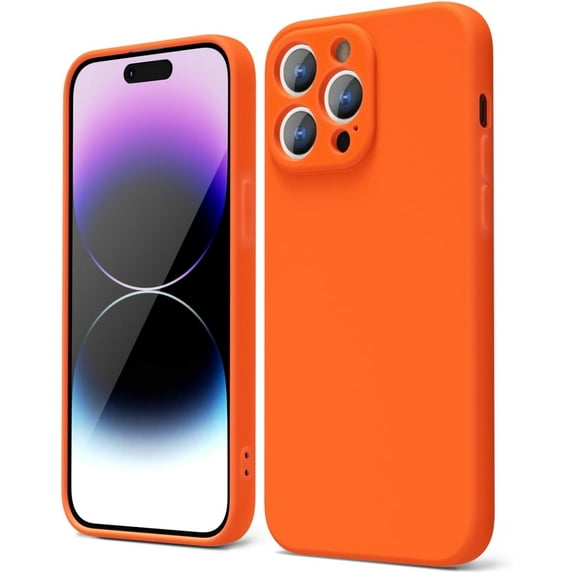 for iPhone 14 Pro Max Phone Case Liquid Silicone, Fluorescent Bright Solid Color, Cute Thin Slim Soft Rubber TPU Plain Smooth Gel Matte Protective Cover for Women Girl, Burnt Neon Orange