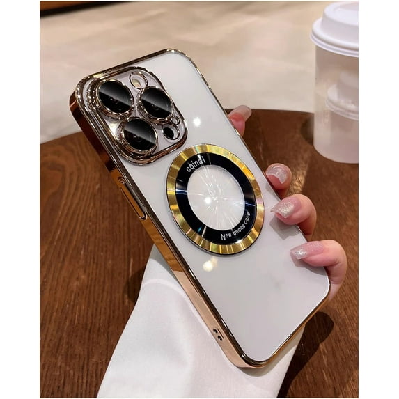 for iPhone 14 Pro Max Phone Case Magnetic Luxury Plating Clear Case with Camera Lens Protector for iPhone 14 Pro Max Compatible with Magsafe Slim Cover for Women Men-Gold