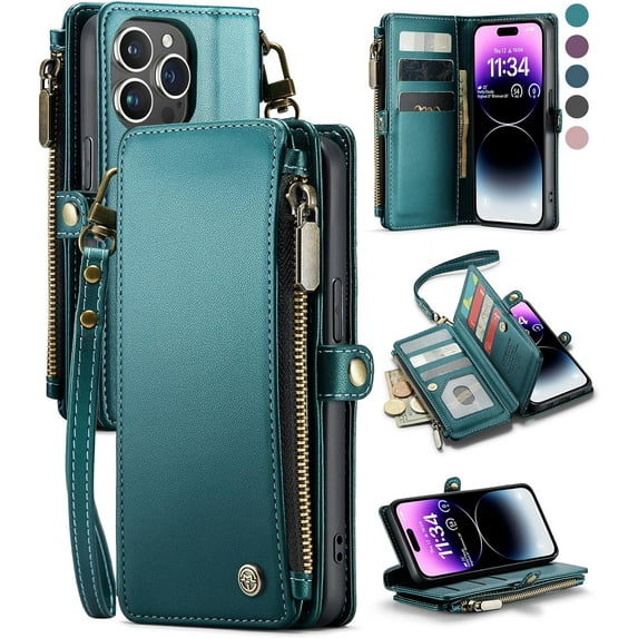 for iPhone 14 Pro Max Phone Case, RFID Blocking for iPhone 14 Pro Max Wallet Case for Women Men with Card Holder Zipper PU Leather Protective Cover for iPhone 14 Pro Max Case, Blue Green