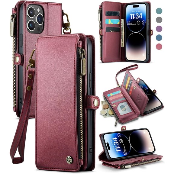 for iPhone 14 Pro Max Phone Case, RFID Blocking for iPhone 14 Pro Max Wallet Case for Women Men with Credit Card Holder Zipper Leather Protective Cover for iPhone 14 Pro Max Case, Wine Red