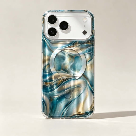 For iPhone 14 Pro Max Phone Case,Support For Mag-Safe,Luxury Bling Gilded Starry River Pattern Back Design,Ultra Slim Shockproof Anti-Scratch Drop Protection,Non-Slim Thin Phone Case,D