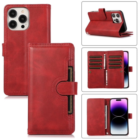 for iPhone 14 Pro Max Phone Case,for iPhone 14 Pro Max Wallet Case RFID Blocking 8 Card Slots Holder & 1 Cash Pocket & 1 Outer Pouch,Wrist Strap,Shockproof Leather Magnetic Flip Stand Cover,Red