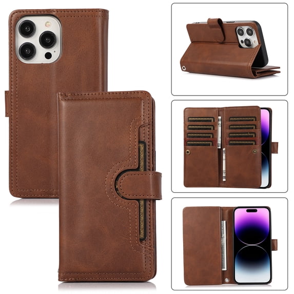for iPhone 14 Pro Max Phone Case,for iPhone 14 Pro Max Wallet Case RFID Blocking 8 Card Slots Holder & 1 Cash Pocket & 1 Outer Pouch,Wrist Strap,Shockproof Leather Magnetic Flip Stand Cover,Coffee