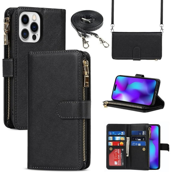 iPhone 14 Pro Max Phone Wallet Case for Women Men with Credit Card Holder, iPhone 14 Pro Max Crossbody Case with Strap Lanyard, Zipper Pocket PU Leather Cases for Girls,6.7 Inch Black