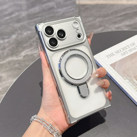 for iPhone 14 Pro Max Plating Magnetic Ring Kickstand Straight Edge Matte Case with Lens Protector, Compatible with MagSafe, Protective Ultra Slim Clear Back Cover for iPhone 14 Pro Max, Silver