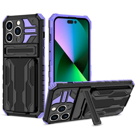 for iPhone 14 Pro Max Sliding Card Slot Back Case with Hidden Kickstand, Hybrid TPU + PC Fall Prevention Shock Absorption Anti-drop Protective Phone Case Cover for iPhone 14 Pro Max, Purple