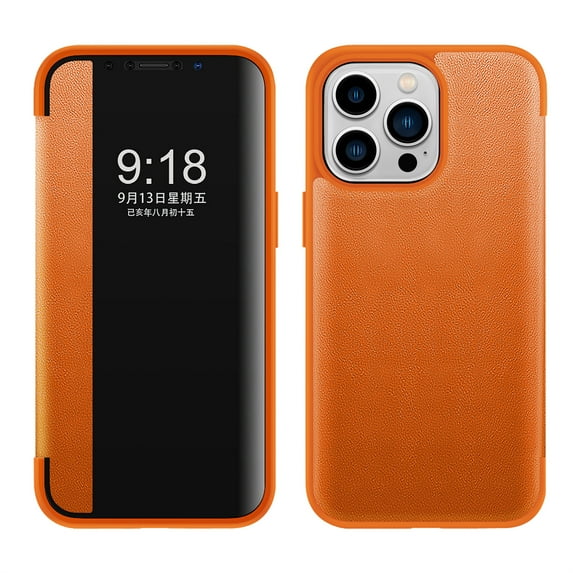 iPhone 14 Pro Max,Slim Hybrid Shockproof Luxury Flip Leather Case Cover,Orange