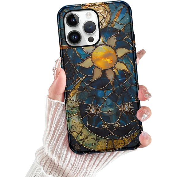 for iPhone 14 Pro Max Stained Glass Phone Case 6.7", Aesthetic Sun Moon Stars Case Cute Pattern Print Design Cover Anti-Scratch Glossy Hybrid 2-Layer Hard Prevention Funda for Woman Girls Men