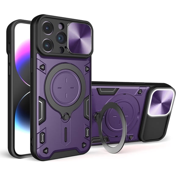 for iPhone 14 Pro Max Stand Case with Slide Camera Lens Cover 360° Rotatable Ring Stand Holder Magnetic Shockproof Phone Cover Case for Men Women Purple