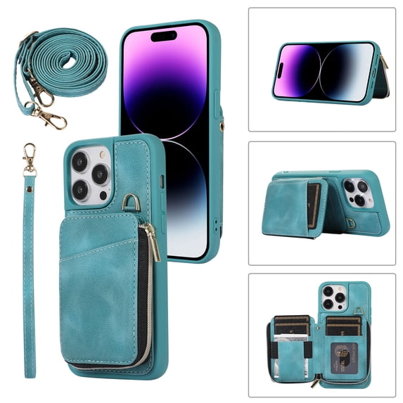 for iPhone 14 Pro Max Wallet Case Crossbody Strap, Zipper Phone Case with Card Holder Wrist Strap Purse Cover with Kickstand Compatible with iPhone 14 Pro Max (6.7 inch, 2022) - Green