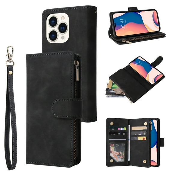 iPhone 14 Pro Max Wallet Case, Dteck Soft Leather Zipper Wallet Case Magnetic Buckle Flip Cover with 5 Card Slots/Photo Pocks/Lanyard Strap for Apple iPhone 14 Pro Max 6.7 inch 2022, Black