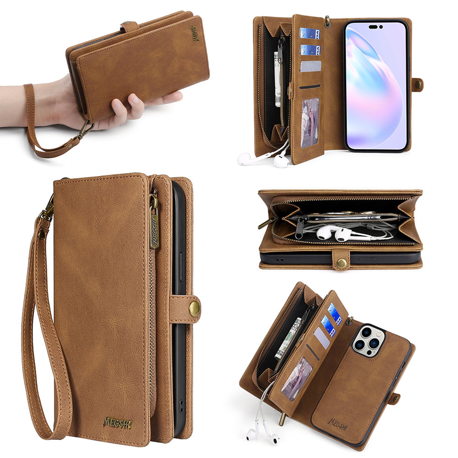 for iPhone 14 Pro Max Wallet Case, Durable PU Leather 2-in-1 Detachable Magnetic Flip Phone Case for iPhone 14 Pro Max Case Wallet with Card Holder Slots Zipper Pouch for Women Men,Brown