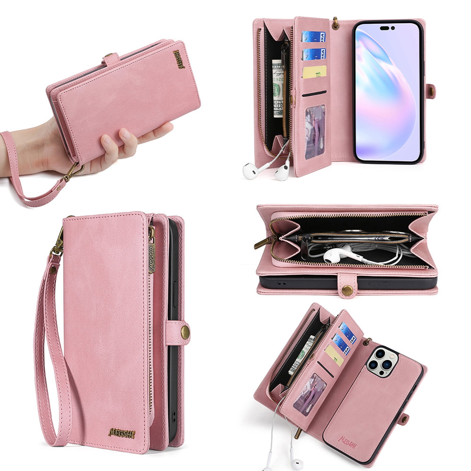 for iPhone 14 Pro Max Wallet Case, Durable PU Leather 2-in-1 Detachable Magnetic Flip Phone Case for iPhone 14 Pro Max Case Wallet with Card Holder Slots Zipper Pouch for Women Men,Pink