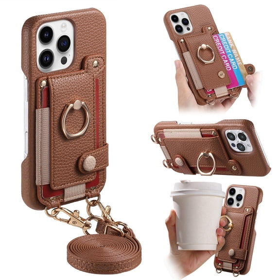 for iPhone 14 Pro Max Wallet Case with Elastic Card Holder & 360° Rotatable Ring Stand, Vintage PU Leather Kickstand Slim Fit Shockproof Cover with Shoulder Strap for iPhone 14 Pro Max - Brown