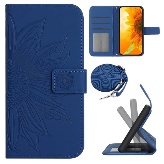 for iPhone 14 Pro Max Wallet Case, Flip Case PU Leather Soft TPU Embossed Folio Magnetic Adjustable Kickstand Crossbody Strap Cover Card Slots Fall Prevention Case for iPhone 14 Pro Max, Darkblue
