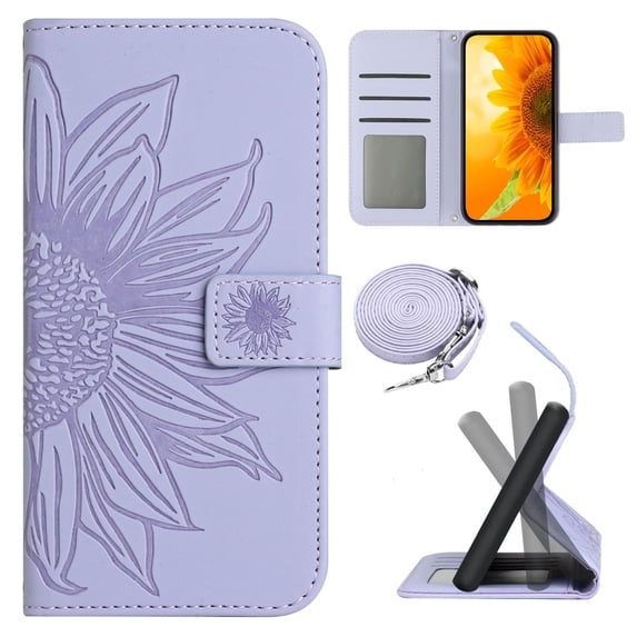 for iPhone 14 Pro Max Wallet Case, Flip Case PU Leather Soft TPU Embossed Folio Magnetic Adjustable Kickstand Crossbody Strap Cover Card Slots Fall Prevention Case for iPhone 14 Pro Max, Lightpurple