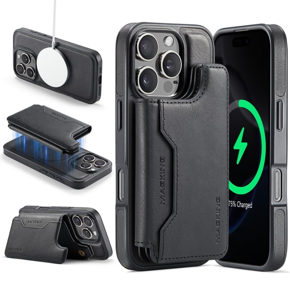 for iPhone 14 Pro Max Wallet Case with Kickstand, Detachable Magnetic Card Holder, RFID Blocking PU Leather Cover, Drop Protective Classic Flip Back Case for iPhone 14 Pro Max, Black