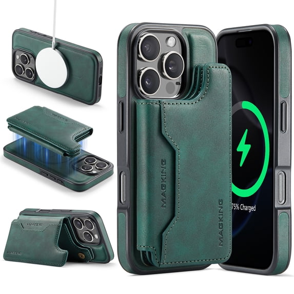 for iPhone 14 Pro Max Wallet Case with Kickstand, Detachable Magnetic Card Holder, RFID Blocking PU Leather Cover, Drop Protective Classic Flip Back Case for iPhone 14 Pro Max, Green