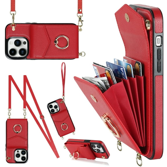 for iPhone 14 Pro Max Wallet Case with Magnetic RFID Blocking Rotated Ring Holder Kickstand Cover, PU Leather Crossbody Shoulder Strap Lanyard Case with Card Slot Bag Kickstand Case,Red