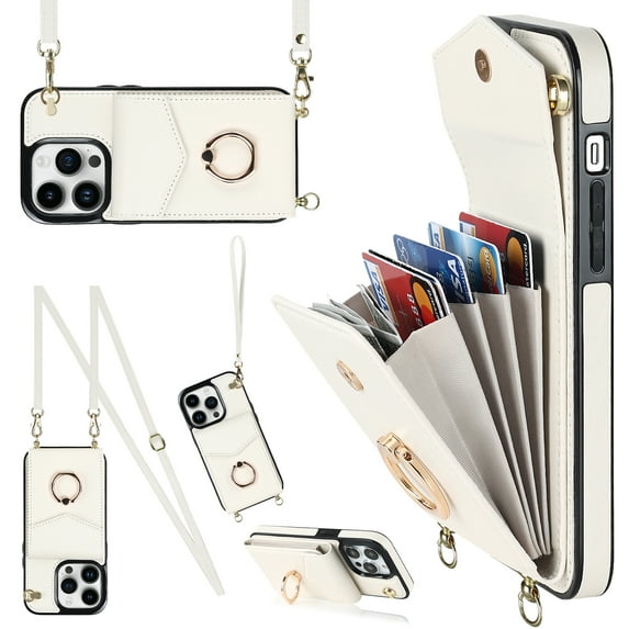 for iPhone 14 Pro Max Wallet Case with Magnetic RFID Blocking Rotated Ring Holder Kickstand Cover, PU Leather Crossbody Shoulder Strap Lanyard Case with Card Slot Bag Kickstand Case,White