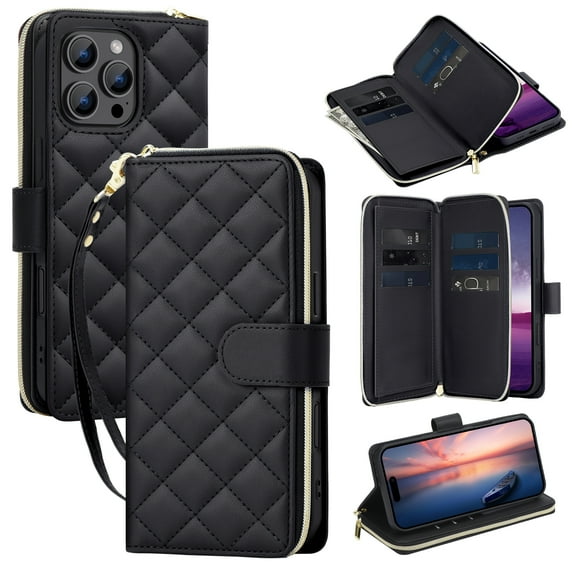 for iPhone 14 Pro Max Wallet Case, Multi-Functional Zipper Purse Case, with Flip Stand Card Holder PU Leather Phone Cover with Lanyard & Wrist Strap for iPhone 14 Pro Max, Black