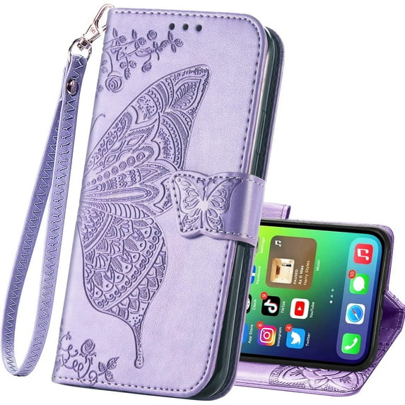 for iPhone 14 Pro Max Wallet Case,PU Leather Flip Protective Phone Case Wrist Strap Credit Card Holder Pocket Emboss Butterfly Flower Kickstand Case for iPhone 14 Pro Max Light Purple