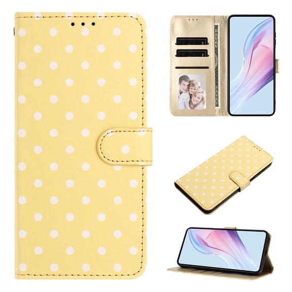 for iPhone 14 Pro Max Wallet Case, PU Leather + TPU Phone Cover with Wave Point Pattern, 3 Card Slots & Cash Pocket Kickstand Magnetic Clasp Full Body Protection Girls Boys Phone Cover, Yellow