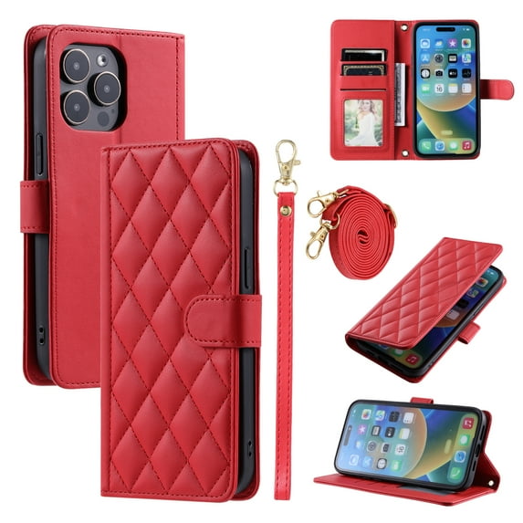 for iPhone 14 Pro Max Wallet Case, Premium PU Leather Magnetic Flip Folio Case with Wrist Strap Credit Card Holder for Women Men Crossbody Strap Phone Case Cover for iPhone 14 Pro Max, Red