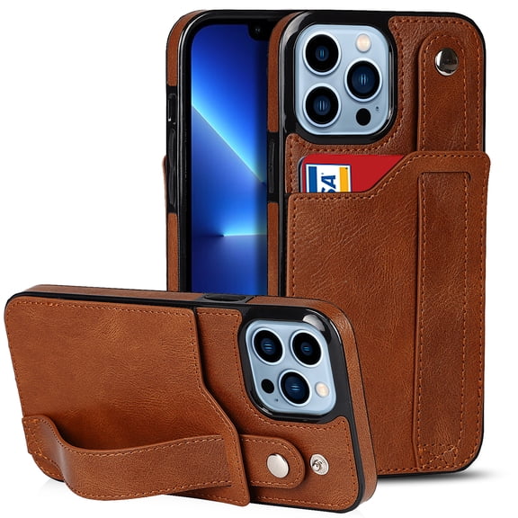 for iPhone 14 Pro Max Wallet Case with RFID Blocking Card Holder, Hand Wrist Strap Kickstand, Premium PU Leather Shockproof Anti-Scratch Heavy Duty Protection Back Cover Men Women, Brown