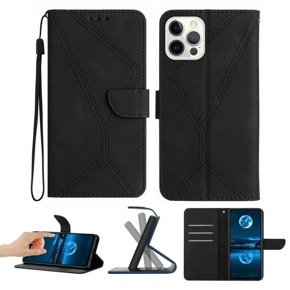 For iPhone 14 Pro Max Wallet Case with [RFID Blocking] Leather Flip Folio Strong Magnetic Closure Cover Credit Card Holder with Hand Strap Kickstand Men Women For iPhone 14 Pro Max, Black