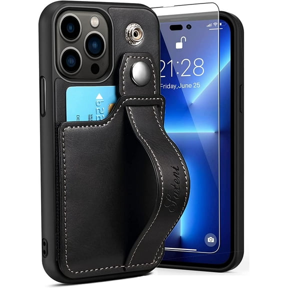 iPhone 14 Pro Max Wallet Case with Screen Protector, iPhone 14 Pro Max Case Wallet with Card Holder and Hand Strap, Leather Kickstand Card Slots Case for iPhone 14 Pro Max 6.7 inch Black
