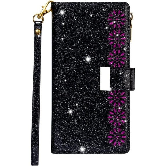 for iPhone 14 Pro Max Wallet Case with Strap, Premium PU Leather Flip Cover with Card Holder and Kickstand Bracelet Glitter Shockproof TPU Flip Cover Phone Cases for Girls Women