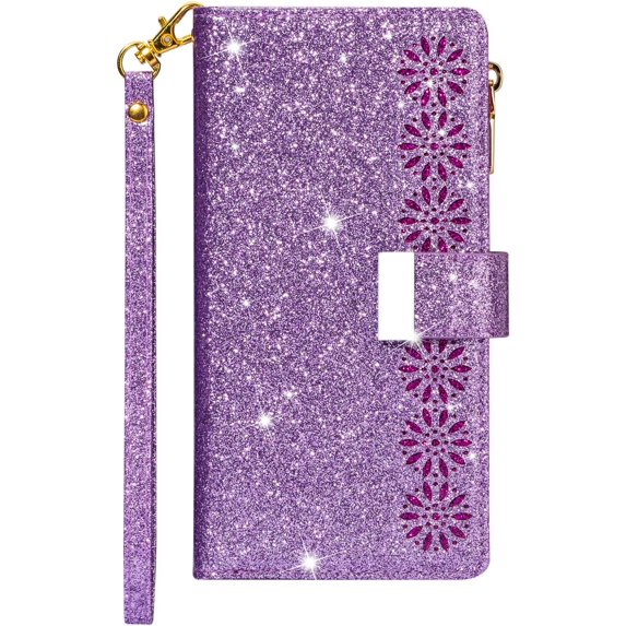 for iPhone 14 Pro Max Wallet Case with Strap, Premium PU Leather Flip Cover with Card Holder and Kickstand Bracelet Glitter Shockproof TPU Flip Cover Phone Cases for Girls Women