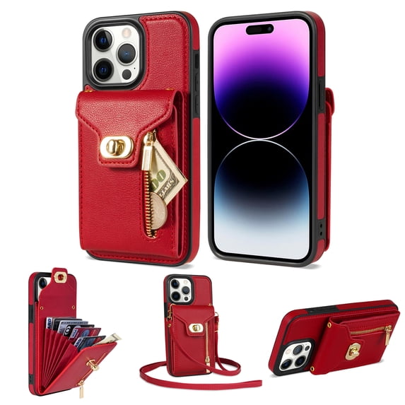 for iPhone 14 Pro Max Wallet Case, iPhone 14 Pro Max Zipper Purse Crossbody Wallet Phone Case with Lanyard, Metal Buckle Closure PU Leather Card Holder Kickstand Flip Folio Protective Cover, Red