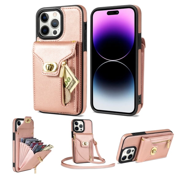 for iPhone 14 Pro Max Wallet Case, iPhone 14 Pro Max Zipper Purse Crossbody Wallet Phone Case with Lanyard, Metal Buckle Closure PU Leather Card Holder Kickstand Flip Folio Protective Cover, Rosegold
