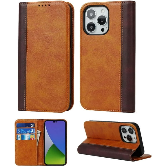 for iPhone 14 Pro Max Wallet Folio Phone Case with Card Holder 6.7",Premium PU Leather Magnetic Full Protection Shockproof Phone Case for Women & Men for iPhone 14 Pro Max 5G 2022 -Khaki+Brown