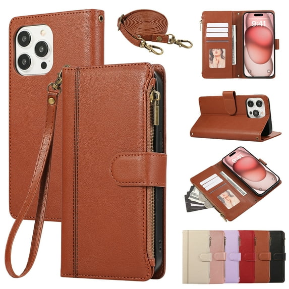 for iPhone 14 Pro Max Wallet case with Card Holder for Women Men,Phone case RFID Blocking PU Leather Flip Cover with Strap Zipper Credit Card Slots,Kickstand,With Wrist Strap,Brown