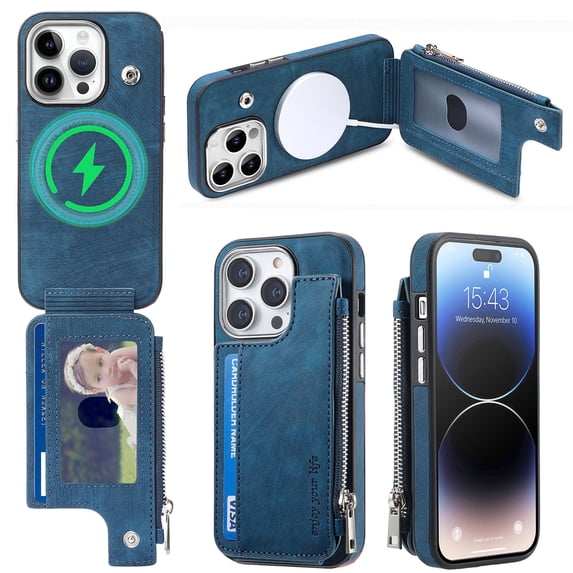 for iPhone 14 Pro Max Zipper Wallet Case with Card Holder, Back Flip Folio PU Leather Card Slots Case for Men Women, Magnetic Wireless Charging Shockproof Cover for iPhone 14 Pro Max 6.7", Blue