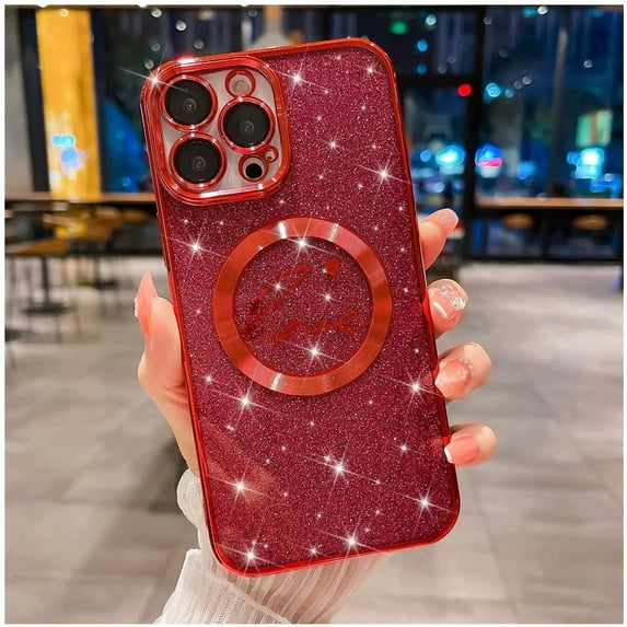 iPhone 14 Pro Max case, Compatible with MagSafe Luxury Glitter Bling Plating Love with Cute Heart Phone Case Full Camera Lens Protection Magnetic Case for Women Girls Back Cover(Red)