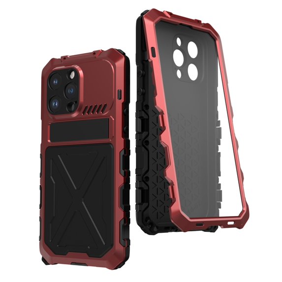 for iPhone 14 Pro Metal Armor Case, Heavy Duty Shockproof Rugged Case with Built-in Glass Screen Protector, 360 Full Body DustProof Protective Cover for iPhone 14 Pro 6.1 inch,Red