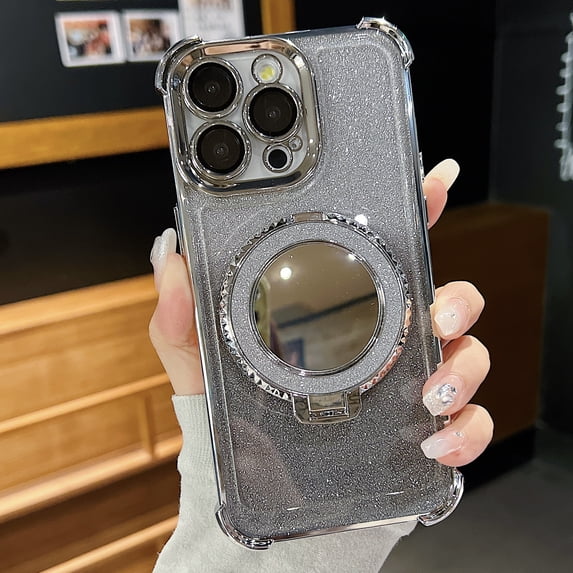 for iPhone 14 Pro with Mirror Kickstand, Glitter Luxury Holder Stand Plated Bling Aesthetic Phone Case Shockproof Protective Women Girls Sparkly Lightweight for iPhone 14 Pro - Silver