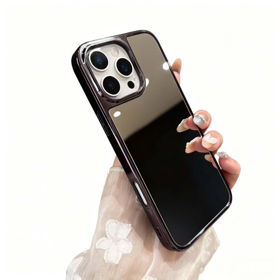 For iPhone 14 Pro Mirror Phone Case,for Women Girls,Makeup Cute Luxury Glossy Mirror Back,Ultra Slim Shockproof Anti-fall Drop Protection,Electroplated Frame Design,Rugged Phone Case,Black