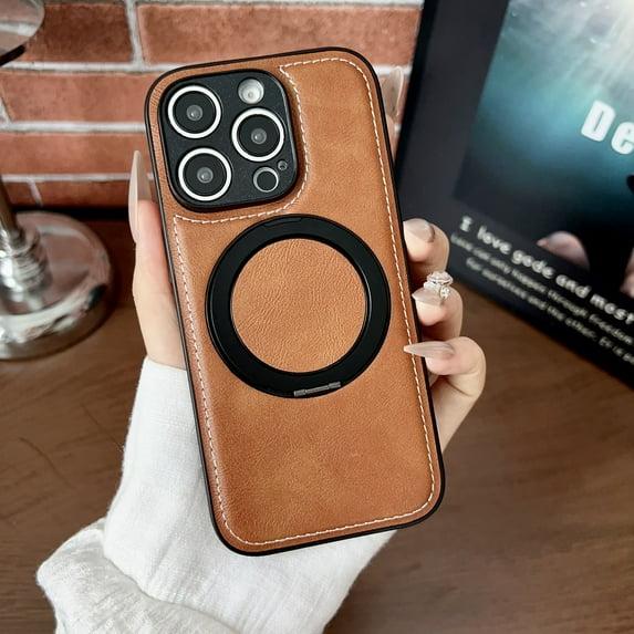for iPhone 14 Pro PU Leather Back Cover with Ring Kickstand, Shock-Absorbent TPU Protective Case Cover, Classic Anti-Scratch Anti-Fingerprint Non-Slip Wireless Charging Compatible, Brown