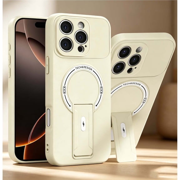 For iPhone 14 Pro Phone Case,Adjustable Foldable Invisible Kickstand,Compatible with Mag-Safe,PC + TPU Hybrid Shockproof Anti-fall Heavy Duty Drop Protection,Thin Phone Case,Beige